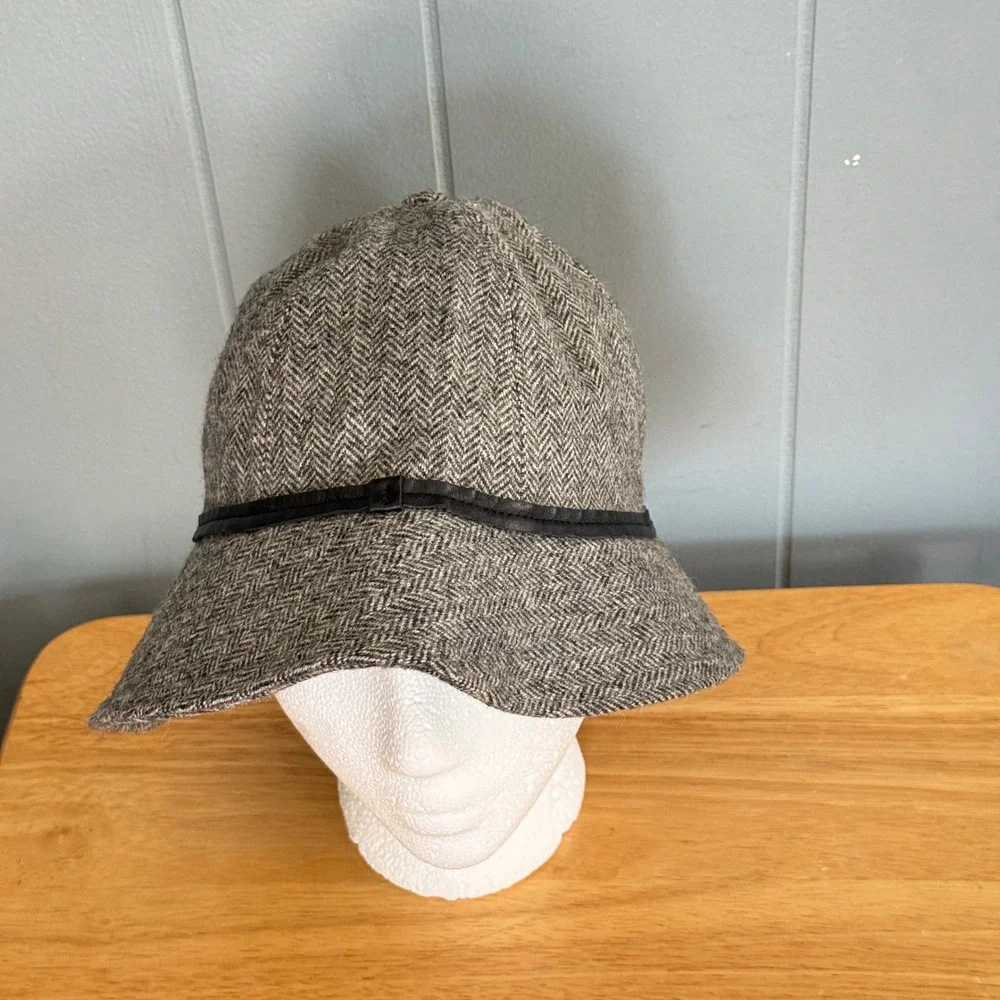 Vtg Coach‎ Wool Herringbone Bucket Hat Leather Trim Gray British Heritage Twee